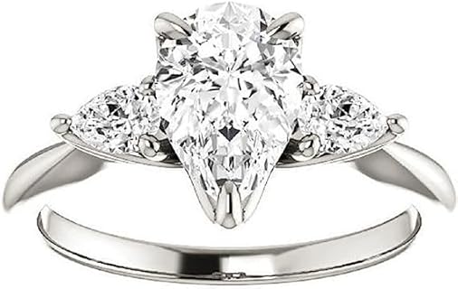 Three-Stone Pear Engagement Ring with Moissanite Gem for Her, Elegant Wedding Promise Set in Sterling Silver, Size 6
