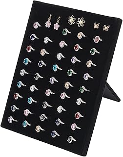 FINGERINSPIRE Présentoir à Bagues en Velours Noir pour Femmes, 22.5 cm de Hauteur et 50 Emplacements, avec Cadre Rectangulaire et Montage sur Table. Idéal pour les Fiançailles et Bijoux de Salon