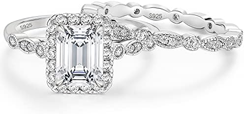 EAMTI 2CT 925 Sterling Silver Bridal Ring Sets Emerald Cut CZ Engagement Rings Vintage Promise Rings Marquise Wedding Bands for Women Size 3-13