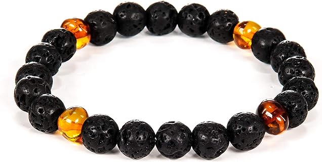 Natural Baltic Amber - Lava Bracelet for Adults (Women/Men) - Hand made From Lava and Polished/Certified Baltic Amber Beads(3 Colors- 2 Sizes) (BLACK LAVA BEADS - COGNAC AMBER BEADS, 8)