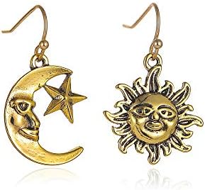Asymmetrical Vintage Sun and Moon Face Dangle Earrings with Star for Women Girls