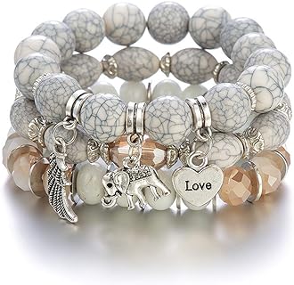 Caiyao Bohemian Beaded Bracelets Stackable Elephant Wing Love Heart Bracelet Set Multilayer Stretch Beaded Bracelets Boho Cute Elephant Charm Bracelets Jewelry Set for Women Girl