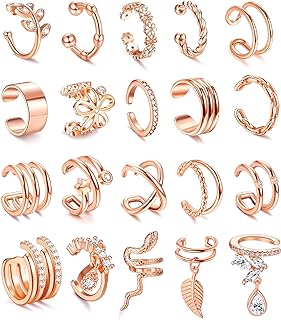 Adjustable Conch Cuff Earrings with No Gemstone for Women: Non-Piercing Design by JeryWe - Set of 20 Copper Ear Cuffs in Silver & Rose Gold