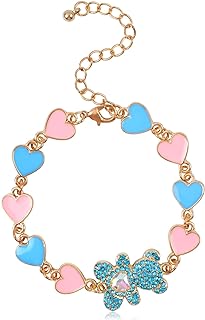 Cute Colorful Love Heart Bear Bracelets for Women Girls Shining Rhinestone Bear Adjustable Epoxy Heart Charm Gold Statement Link Bracelets Trendy Y2K Preppy Jewelry Gift for Teen Girls, Pink and Blue