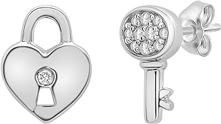 Classic Diamond Heart and Key Stud Earrings Set in Sterling Silver, Adorned with 0.05CT Round Gem for Women, Innovative Heart and Key Design