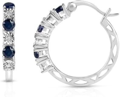 MAX + STONE Real Diamond & Blue Sapphire Hoop Earrings for Women | 925 Sterling Silver (1.2 cttw, 21MM = 0.83 inches Diameter)