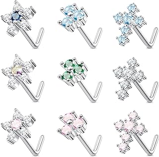 Drperfect 9Pcs 20G Nose Rings Stud L Shaped Nose Rings Stainless Steel CZ Flower Cross Clover Nose Piercing Jewelry for Women Men Silver Gold Rose Gold