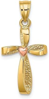 14kt Two Tone Gold Twisted Cross Charm with Pink Heart Center for Women - White and Yellow Gold, No Gemstone, Cross/Heart Design