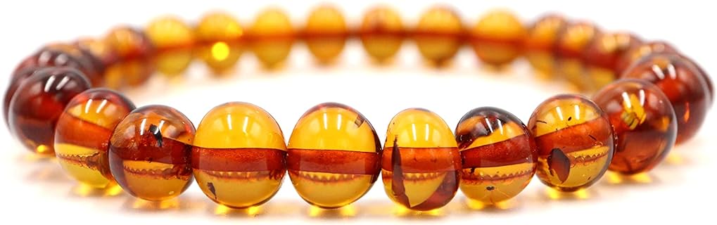 Natural Authentic Baltic Amber Bead Bracelet on Elastic Band in Light Cognac, 5.5 Inch – No Clasp, Bead Chain Design