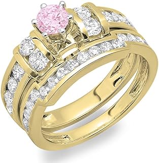 Radiant 14K White Gold Pink Sapphire and White Diamond Round-Cut Bridal Engagement Ring Set | Size 5