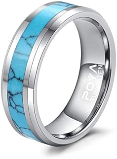 POYA 8mm Tungsten Wedding Band Turquoise Rings for Men Beveled Edges Comfort Fit