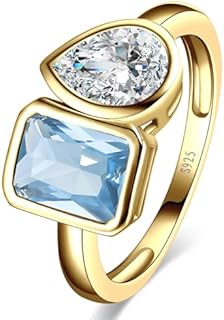 14K Gold Plated Sterling Silver Toi Et Moi Engagement Ring with Emerald Cut Aquamarine and Pear Cut Cubic Zirconia for Women, Double Stone Design - Size 5-9