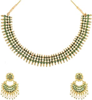 Lobster Clasp Green Beads Necklace Indian, Traditional Copper Jewelry Set for Women, Crystal Choker & Earrings Bollywood Design