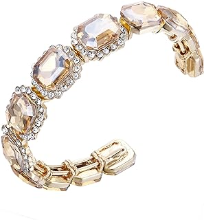 BriLove Women's Wedding Bridal Multi Emerald Cut Crystal Open Bangle Stretch Bracelet