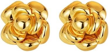 Gold Camellia Floral Earrings with Push-back for Women and Girls - 3D Lifelike Pearl White Design