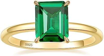 3CT 925 Sterling Silver Engagement Rings for Women Solitaire Created Green Emerald Simple Wedding Band Promise Rings for Her Size 4-11