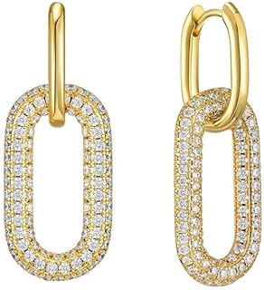 14K Gold Double Hoop Chain Earrings for Women and Trendy Girls | Convertible Link Design | Zinc Metal Dangle Earrings with Cubic Zirconia Drops | Hypoallergenic and Timeless Style