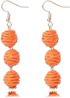 Colorful Long Natural Rattan Raffia Ball Drop Dangle Earrings Boho Handwoven Braid Straw Wicker Beaded for Women Girls Handmade Bohemian Summer Beach Holiday Jewelry