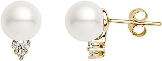 14k Yellow Gold Stud Earrings with AAAA Quality Japanese White Akoya Cultured Pearls and Diamonds - Secure Push Back Design for Women
