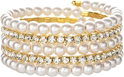 Long tiantian Bracelets for Women MultiLayer Pearl Bracelets for Women Pearl Jewelry Pearl Bracelet Crystal Rhinestone Bangle Bracelets for Women Beaded Stretch Strand Stackable Bracelets for Women Cuff Bracelets for Women Valentine's Day Gifts for Women