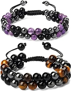 Spring Ring Triple Protection Bracelets with Obsidian Gem Handmade for Men and Women, Bead and Braided Chain Design with Lucky Amethyst, Tiger Eye, and Hematite Beads