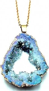 Women Geometric Natural Irregular Rock Drusy Stone with Electroplated Gold Edge Pendant Necklace Quartz Geode Crystal Agate Slice Necklace Bohemian Amethyst Jewelry Heal Good Luck Protection Gift