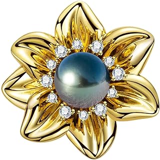 Pin Clasp Tahitian Black Pearl Mermaid Brooch with Moissanite, Sunflower Design, 18K Yellow Gold Plating, For Elegant Women