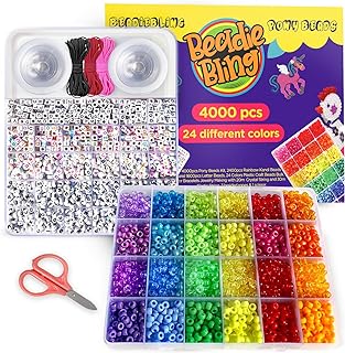 4000+ Pcs Pony Beads Bulk, 6*9mm -Assorted Color Plastic Beads in 2 Storage Boxes with 20m Crystal, 30m Elastic String, 3X Braided Ropes & Scissor – Ideal for Bracelets, Rings & Necklaces
