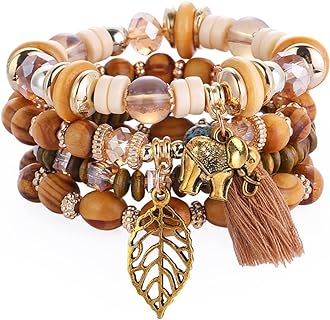 Resin & Alloy Bead Chain Bohemian Bracelet with Leaf Charm for Women & Girls - Pingyongchang Boho Stackable Design featuring Multicolor Crystals & Beads