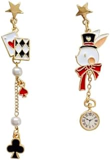 Unique Playing Card Dangle Earrings Red Heart Queen Poker Earrings for Women Girls,Gold Asymmetric Rabbit Long Clock Poker Dangle Earrings Queen Hearts Costume