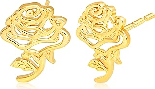 Disney Princess Belle Inspired Gold Wolf Earrings Studs with Push-Back Design, 14k Yellow Gold Rose Stud Jewelry for Women and Girls