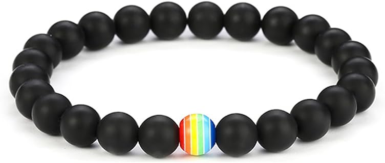 LGBT Rainbow Bead Stretch Bracelet, Turquoise/Lava/Black Beads Strand Bracelet - Pride Jewelry