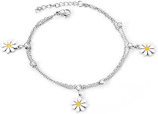 Daisy Beaded Chain Bracelet For Women Girls 14k Gold/ Silver Plated Stainless Steel Dainty Cute Spring Layered White Flower Sunflower Charm Chain Anklet Bracelets Bohemian Wedding Party Birthday Jewelry Gifts