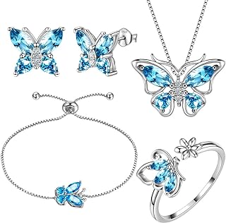 Aurora Tears Butterfly Jewelry,Women 925 Sterling Silver Butterflies Birthstone Pendant Necklace/Earrings/Rings Wedding Gift