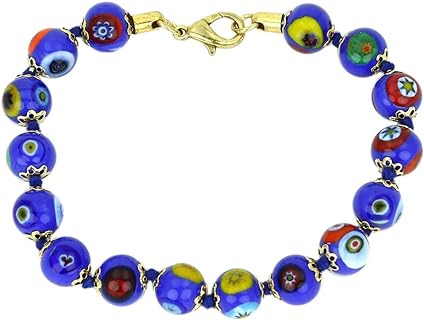 Glass Of Venice Murano Glass Bracelet Italian Millefiori Blue Mosaic Beads Handmade Blown Glass - Murano Glass Bracelets For Women