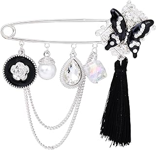 Enchanted Silver Butterfly Safety Pin Brooch with Tassel Chain & Butterfly Clasp, Adorned with Enamel Crystal & Camellia Pearl for Women's Formal & Casual Wear