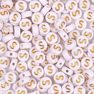 Auvoua 300Pcs Letter Beads S 4X7mm Gold Alphabet Beads Acrylic Round Shape Loose Beads for Name Bracelets Necklaces Key Chains DIY Jewelry Making (S)