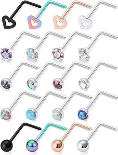 Hoeudjo 18G Opal Nose Rings Surgical Steel Nose Ring Studs Heart CZ Inlaid Piercing Jewelry for Women Men Girls 16-20 Pieces