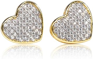 Women's Two Tone Gold Plated 925 Sterling Silver Honey Comb Set Large Ladies Iced 5A Cz Screw Back Hip Hop Love Heart Shaped Stud Earrings Bling Jewelry Valentines Day Earrings Mothers Day Gifts