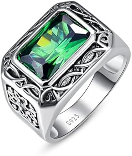 6.85ct Simulated Mens Emerald|Morganite Ring for Men Solid 925 Sterling Silver Emerald Ring for Men Vintage Celtic Wedding Anniversary Band Gift for Fashion Business/Gentleman Size 6-14