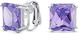 Traditional Classic Large Statement 5CT Square Princess Cut AAA CZ Solitaire Clip On Stud Earrings For Women Silver Plated Non Pierced Simulated Gemstone Jewel Colors 12MM