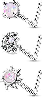 MeIighting Nose Rings 20G Moon Nose Studs Stainless Steel 316L Sun Nose Piercing Jewelry L Shaped for Women Men Body Piercing Jewelry