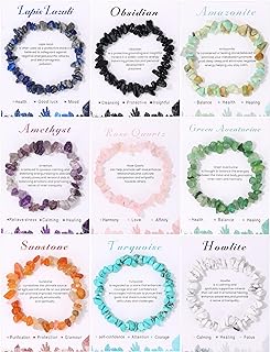 9PCS Healing Crystals Chip Bracelets Set for Women Natural Gemstone Bracelets Colorful Gravel Bead Bracelets Irregular Chips Beads Bracelet Reiki Stretch Beaded Bracelets Jewelry Gifts