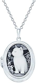 Personalized Custom Engraved Holds Picture Vintage Antique Style Simulated Black White Onyx Sitting Kitten Oval Cat Cameo Photo Locket Pendant Necklace For Women Teen .925 Sterling Silver