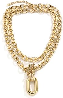 2 Pcs Chunky Necklace For Women Men Layered Gold Chunky Chain Choker Necklace with Toggle Clasp Cuban Link Chain Carabiner Necklace Punk Hip-hop Jewelry for Girls Gifts