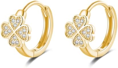 Hinged Hoop Sterling Silver Earrings with Cubic Zirconia Clover Design for Women and Teen Girls - SLUYNZ Four Leaf Clover Earrings