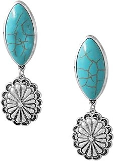 Rosemarie & Jubalee Women's Burnished Silver Tone Western Concho With Howlite Stone Hypoallergenic Post Back Earrings, 2.25"