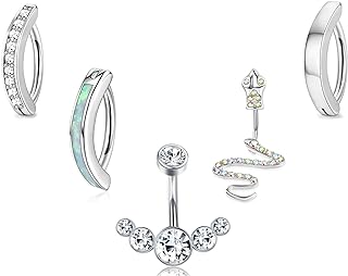 Fiasaso Women's 5-Piece Short Belly Button Ring Set with Cubic Zirconia and Opal Gems, 14G, Copper Design for Hypoallergenic Comfort and Elegant Minimalist Style