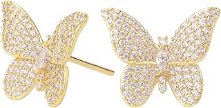 Butterfly Earrings for Women - 3D Colorful CZ Pave Butterfly Stud Earrings for Girls in Rose Gold - Cat Eye Stone Butterfly Earrings