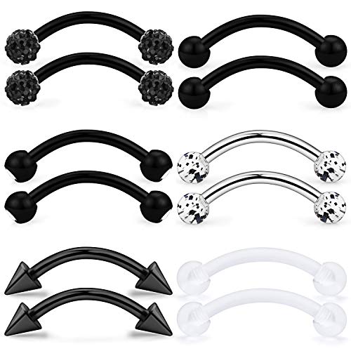 Lcolyoli 12 Pcs 16G Surgical Steel Eyebrow Piercing Rings Clear Diamond CZ Curved Barbell Rook Daith Piercing Retainer Body Jewelry for Women Men